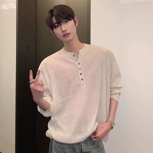 Digada American retro Henry collar thin slightly see-through sweater for men autumn loose outer wear versatile long-sleeved T-shirt top THFS-K139 white L