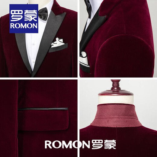 ROMON Burgundy Gold Velvet Suit Men's Stage Host Banquet Groom Velvet Evening Dress Suit Jacket Men's Red Lapel Collar (Velvet) Suit + Pants 2XL
