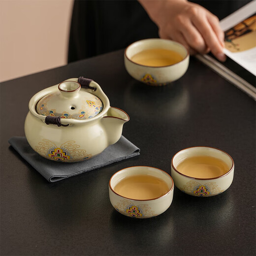 Blue and White Ru Kiln Handheld Pot Travel Tea Set One Pot Three Cups Single Outdoor Portable Anti-scalding Quick Cup Ru Kiln Huang Fanhua-One Pot Three Cups + Round Ash Bag