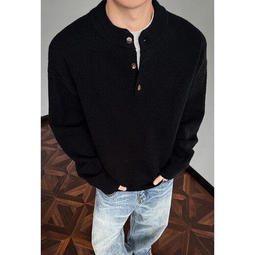 Liangzi Henry collar half turtleneck sweater for men autumn trendy brand loose fat man large size lazy style sweater base black 2XL