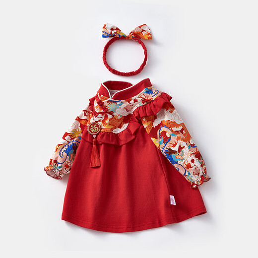 BORBOON B baby dress, spring dress, baby girl's one-year-old dress, girl's birthday, one-year-old princess dress, red cheongsam dress, gift box 2271 90