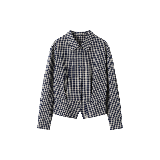 Mohan Yimei French women's shirt tops commuting shirt 25 autumn high-end hot style waist-cut workplace women's wear navy plaid color 2XL