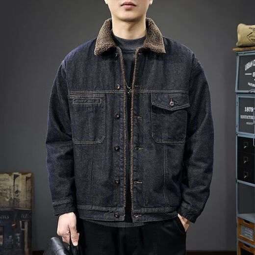 2025 winter velvet warm sherpa denim jacket men's American retro washed work jacket lapel cotton coat blue black velvet original high quality L recommended 110-125Jin Jin equals 0.5 kg