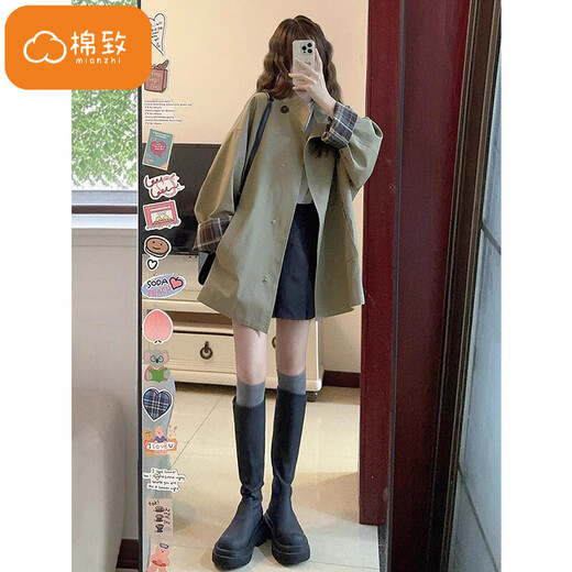 Cotton Korean style windbreaker jacket for women British style autumn and winter new fashion high-end stand-up collar short popular coat 125 khaki high quality S 80-100Jin Jin is equal to 0.5 kg
