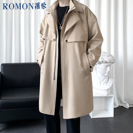 ROMON windbreaker men's autumn and winter mid-length fake two-piece double-collar casual coat men's youth coat men's black 2XL