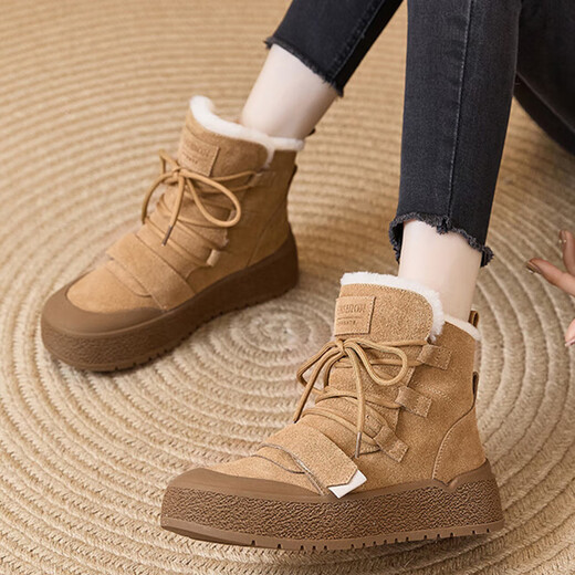 Nosskiss Luxury High-End-Marke Matte Leder Schneestiefel für Frauen 2025 Neue Wolle und Samt warme runde Zehe Casual Stiefel Kamelfarbe [Verdickte Wolle Innenfutter] 37