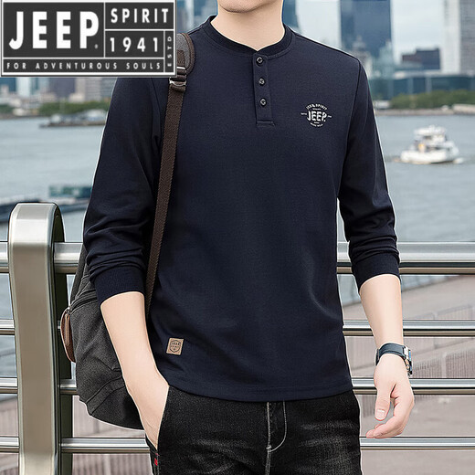 JEEP SPIRIT cotton long-sleeved T-shirt men's spring and autumn versatile casual loose large size T-shirt Henry collar sports sweatshirt trendy black XL (recommended 145-165Jin Jin equals 0.5 kg)