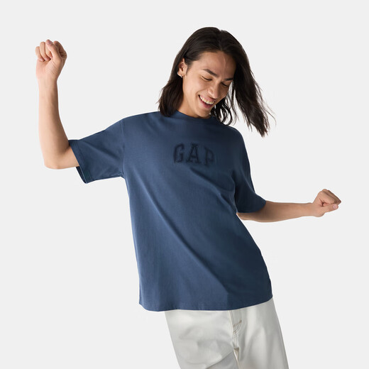 GAP Herren- und Frauen reines Baumwoll-Logo Kurzärärmelte T-Shirt Basic Lose Top Grau-Blau-Druck L (175/96a) Asiatische Größe