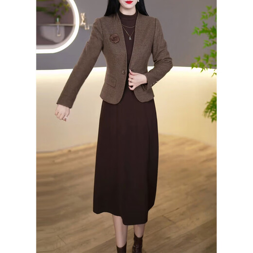 Pierre Cardin elegant thickened two-piece dress for women 2025 autumn and winter new lady mother dress suit skirt coffee color two-piece suit L recommended 101-110 Jin Jin equals 0.5 kg
