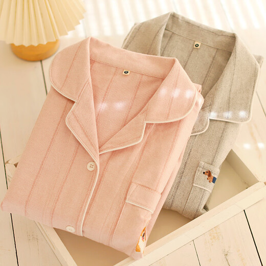 First look for autumn and winter couples pure cotton flannel long-sleeved trousers pajamas simple cartoon embroidery women's casual large size home clothes light pink women's L