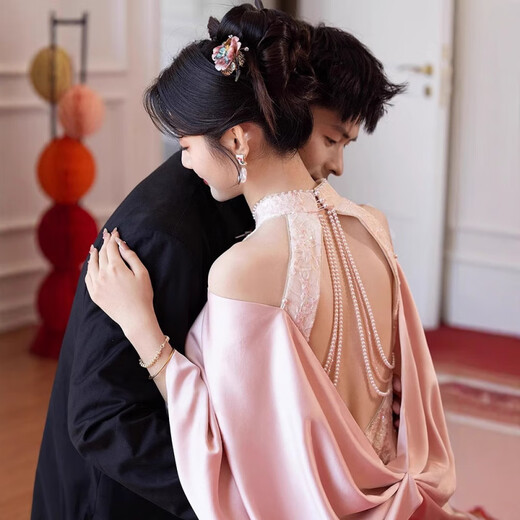 Grosfairy pink high-end toast dress cheongsam for women 2025 new new Chinese style engagement dress bride wedding dressing gown for women pink 3XL