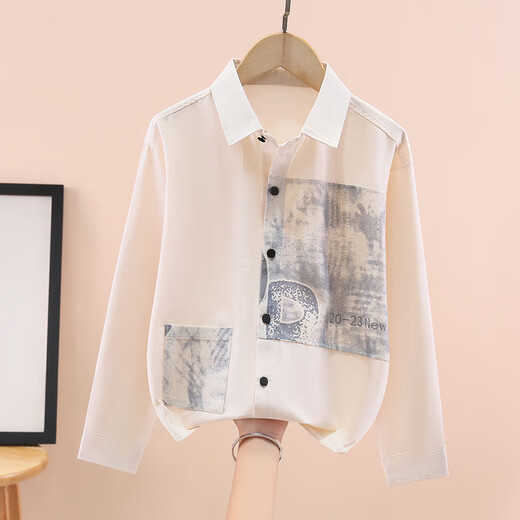 Hengyuanxiang boys' shirt pure cotton long-sleeved spring children's lapel printed shirt baby middle and large children plus velvet thickening modern style blue gray 170 cm