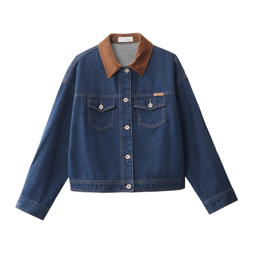 InMAN (INMAN) pure cotton contrast lapel denim jacket for women 2025 autumn fashion retro versatile loose jacket top dark denim blue XL