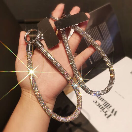 Mobile phone lanyard hanging chain clip short pendant high-end luxury thick rhinestones strong universal fashion wrist lanyard Champagne gold and white diamonds full of diamonds + stainless steel card-wrist style