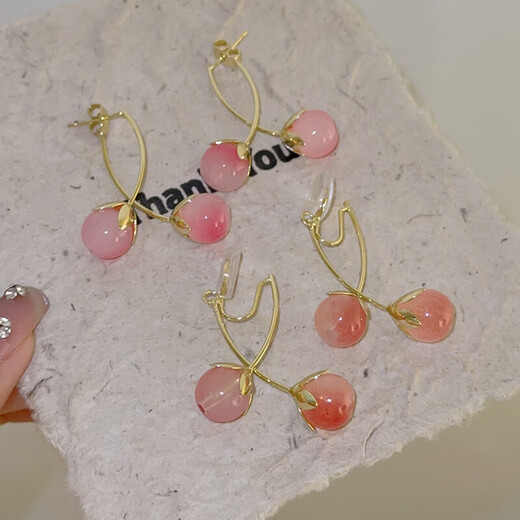 Bai Qixin pink cherry tassel ear clip for women 2025 new trendy ear bone clip without pierced earrings fashion accessories pink tomato ear clip