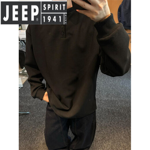 JEEP SPIRIT Light Luxury 2025 Spring and Autumn Feeling Waffle Henley Collar Long Sleeve Shirt for Men in Spring Lazy Style Sweater, Black 3XL