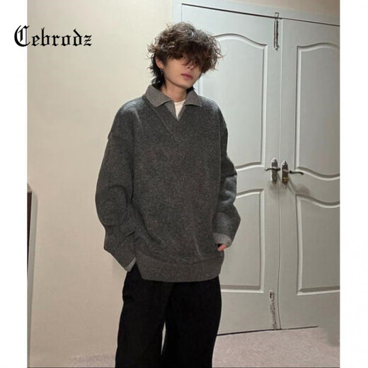 Cebrodz French sweater men's autumn and winter two-piece lapel American retro loose Henry collar sweater long-sleeved top gray L