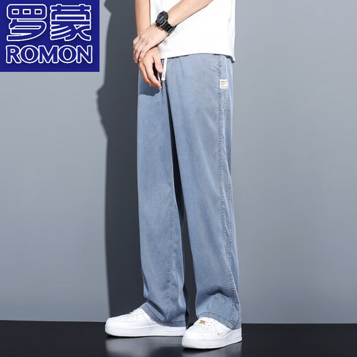 罗蒙（ROMON）夏装透气舒适牛仔裤男士宽松直筒休闲阔腿裤男潮牌冰丝轻薄九分裤 1048蓝色 夏季 薄款 M 100-115斤