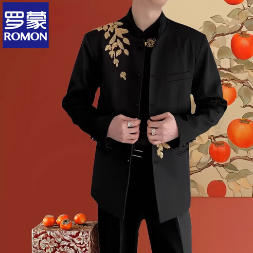 ROMON Haute Couture New Chinese Style Groom's Suit Heavy Industry Handmade Beaded Chinese Style Stand Collar Suit Improved Chinese Tuan Suit Tang Suit Black (Single Suit) 2XL