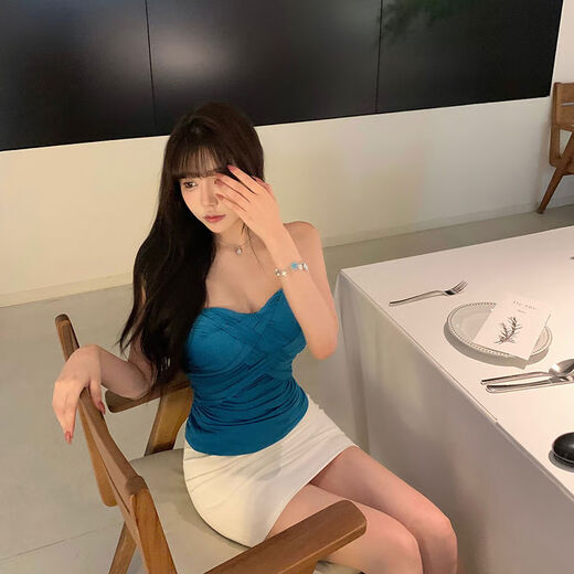 Liuuheeheea niche design tube top slimming slim net celebrity ins solid color versatile slim sleeveless top blue S
