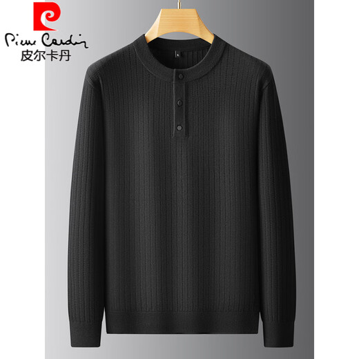 Pierre Cardin plus size men's henley collar long-sleeved sweater autumn and winter striped sweater men's large size loose sweater black XL (recommended 130-150Jin Jin equals 0.5 kg)