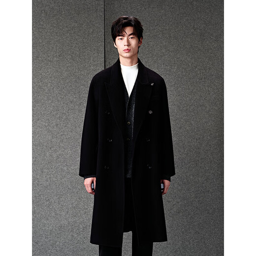 GXG Men's Custom-woven Tencel Wool Double-breasted Classic Peaked Collar Long Coat 25th Winter New Product Black (Including Down) L