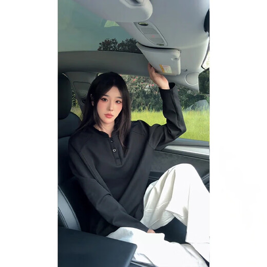 XUANSENTU White Gray Henley Collar Front Shoulder Long Sleeve T-Shirt Men's Autumn American Deconstructed Splicing Heavy Sweater Stand Collar Bottoming Shirt White Gray L