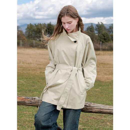 Sancai 2025 Autumn New Stand Collar Windbreaker One Button Belt Silhouette Jacket Casual Temperament M Apricot S 155/80A