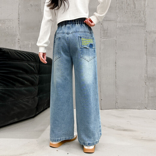 Hölzerne Holzhaus Mädchen Hosen Kinder Casual Hosen Jeans Spring- und Herbstkleidung mittelgroß und große Kinder lose geradlinige Weitbeinhosen Blau 130