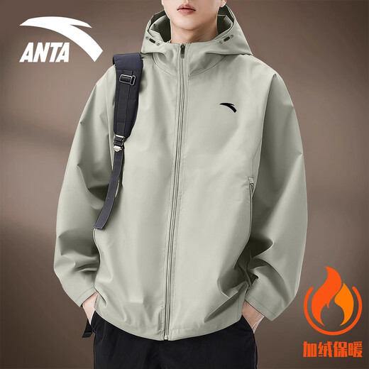ANTA Jacket Men's 2025 Autumn and Winter New Style Velvet Hooded Cardigan Woven Warm Outdoor Windproof and Water-Repellent Jacket -1 Floating Gray L/175 Suitable for 120-140Jin Jin equals 0.5 kg