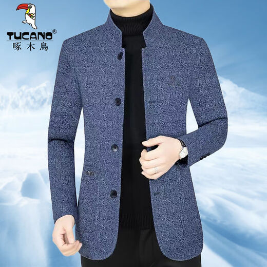 Woodpecker men's woolen stand collar coat middle-aged wool jacket men's spring, autumn and winter high-end casual new jacket dark blue XL 180