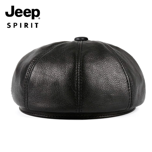JEEP SPIRIT spring, autumn and winter genuine leather hat for men and women, middle-aged and elderly Korean style retro beanie octagonal hat trendy painter Bailey Dipumpkin black (first layer sheepskin) M (head circumference 55-56cm)