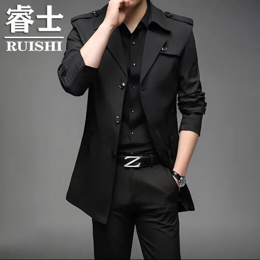 Brand off-code Korean style mid-length windbreaker men's thin style 2023 autumn and winter new style middle-aged British style men's jacket trendy black cloth windbreaker thin section 2XL (185) 2XL 145-160Jin Jin is equal to 0.5kg wear