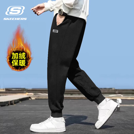 Skechers velvet sweatpants for men 2025 autumn and winter new loose warm trousers knitted leggings sweatpants casual trousers for men M154-0018 carbon black plus velvet L /175