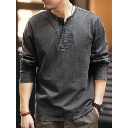 JEEP SPIRIT high-end pure cotton retro long-sleeved t-shirt for men spring and autumn loose 2025 new tough guy Henry collar bottoming shirt top 2315 Mocha Brown L suitable for 140-160 Jin Jin equals 0.5 kg