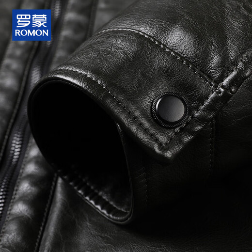 ROMON leather jacket men's autumn and winter casual solid color PU leather jacket velvet thickened top men's warm lapel jacket men