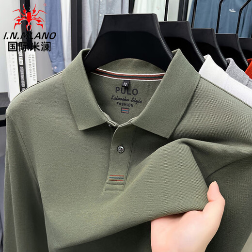 International Milan high-end long-sleeved T-shirt for men 2025 autumn and winter new pure cotton loose and versatile tough guy Henry collar bottoming shirt top for men Army Green 3XL Recommended 168-180Jin Jin is equal to 0.5 kg