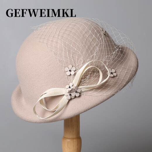 GEFWEIMKL Merino Wool Basin Hat Women's Autumn and Winter New French Style Wool Top Hat Women's Mesh Flower Lady Hat Black One Size (56-58cm)