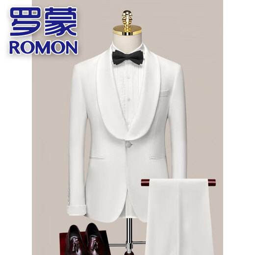 ROMON Haute Couture Suit Men's Slim Korean Style Groom Wedding Casual Suit Wedding Officiant Green Fruit Collar Dress Suit 20-103 White (suit + vest + trousers) XL 50