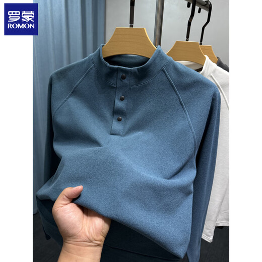 ROMON Henry collar velvet bottoming shirt for men, long-sleeved, warm in autumn and winter, with a brushed t-shirt for men, casual solid color sweatshirt, fog blue M 165