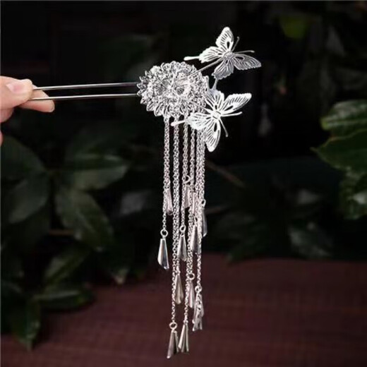 Hanfu butterfly silver tassel ancient style hairpin step rocking hairpin jewelry headwear palace hair accessories high-end tassel wind chime butterfly hairpin 2 pieces