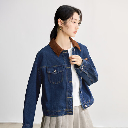 InMAN (INMAN) pure cotton contrast lapel denim jacket for women 2025 autumn fashion retro versatile loose jacket top dark denim blue XL