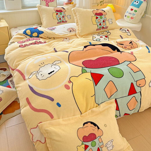 Crayon Shin-chan cartoon cute milk velvet four-piece winter thickened quilt cover sheet student dormitory three-piece set Sleepy Shin-chan-velvet 1.8m fitted sheet style four-piece quilt cover 200*230cm