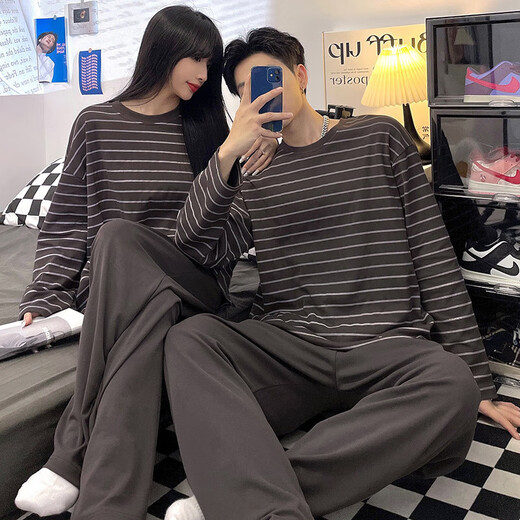 Pajama du couple de la maison Hailan pour le printemps et l'automne, le nouveau coton pur à manches longues, les vêtements à domicile simples à rayures pour hommes et femmes. BG_15567 # Double rayures gris foncées longues m femmes