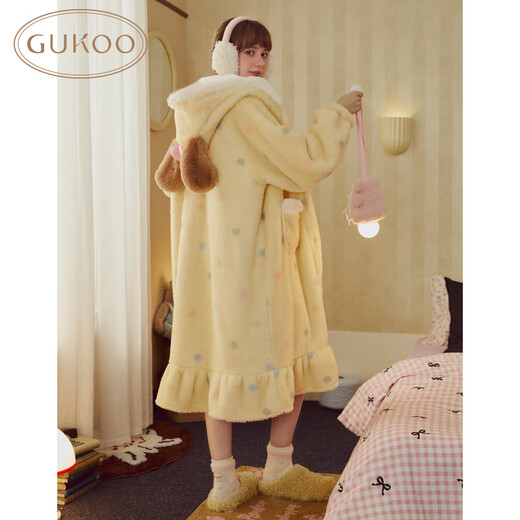 Gukoo Pajamas Women's Winter New Variety of Cute Women's Home Clothes Warm Hooded Cartoon Pajamas Custard M