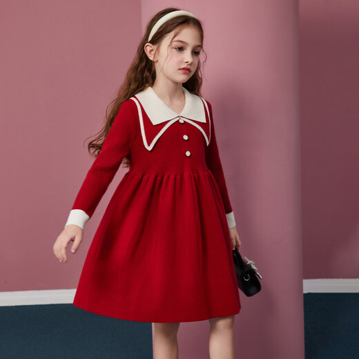 ASK JUNIOR Girls Skirt 2025 Winter Warm Double Lapel Contrast Color Knitted Princess Skirt New Year Red Dress