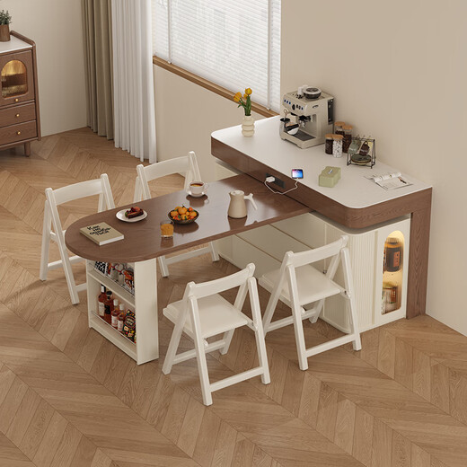 Isabel rotating telescopic island dining table integrated solid wood multifunctional small apartment kitchen island sideboard bar table 1 meter island + 1.2 meter dining table + soft chairs * 4 Bull socket - ENF grade solid wood