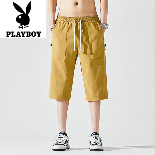Playboy (PLAYBOY) solid color cropped pants summer trendy brand youth ice silk drawstring men's loose quick-drying casual overalls straight pants 10972S Desert Yellow 3XL