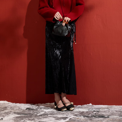 Sancai Yueying Shuanghua 2025 Winter New Ice Flower Velvet Skirt A-line Skirt High Waist Long Skirt C Classic Black S 155/64A