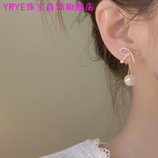 YRYE gold store model 999 sterling silver pure silver bow freshwater pearl earrings new French square round face trendy earrings bow pearl tassel earrings